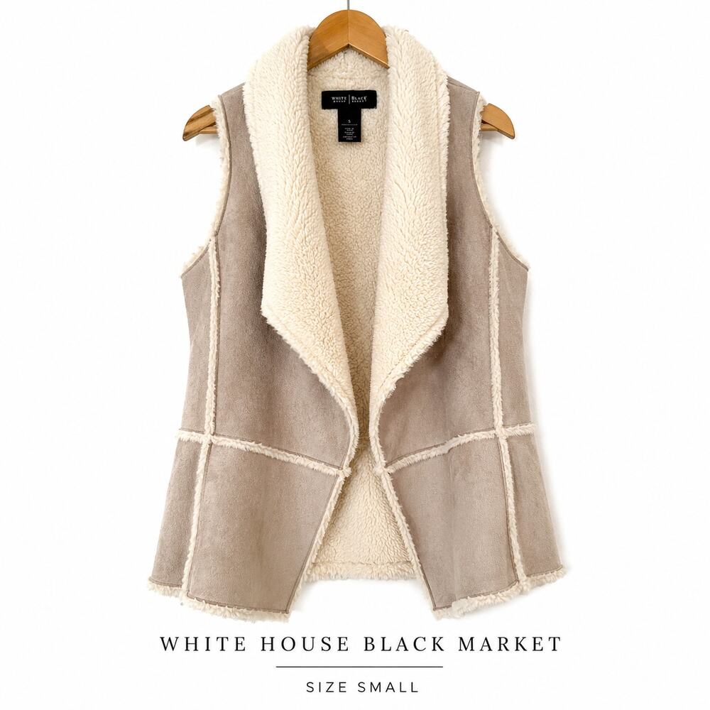 White House Black Market Faux Shearling Vest Size Small Beige Open Front